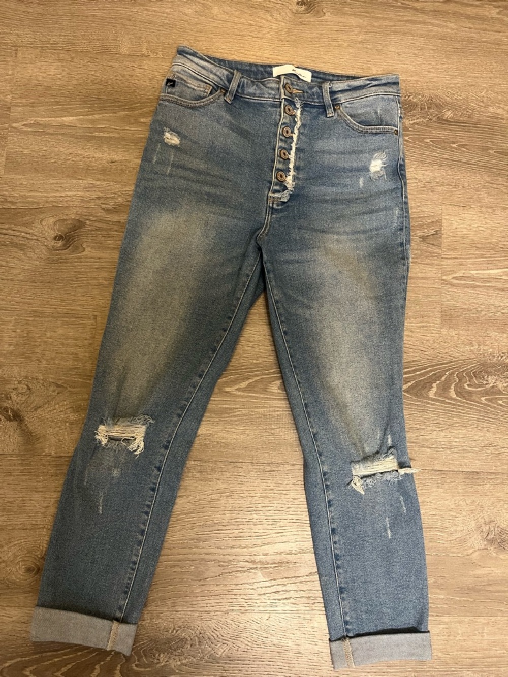 KanCan Light Blue High-Rise Distressed Button-Fly Jeans